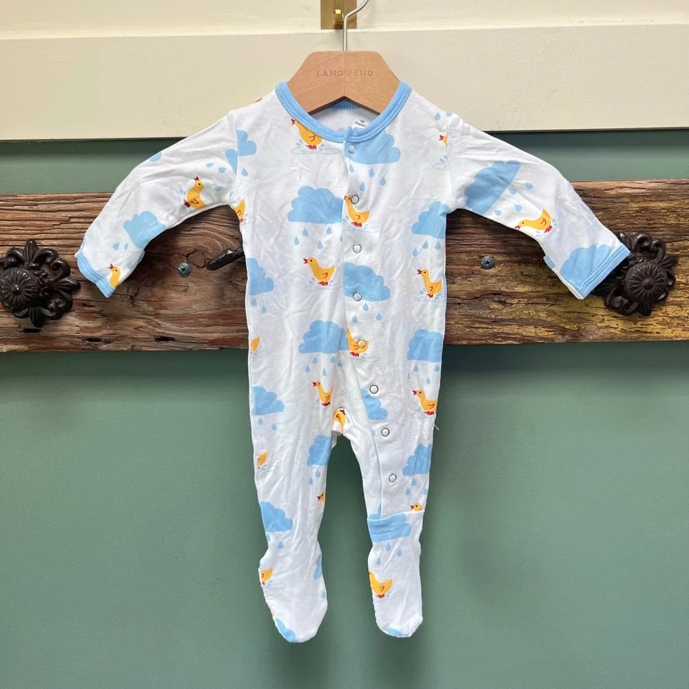 KicKee Pants Newborn Footie Sleeper Bamboo Duck Rain Cloud Print Blue White NB